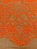 Orange Sequin Fabric on Dark Nude Mesh By The Yard Damask Design 4 Way Stretch Lace Sequin