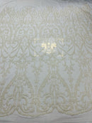 White Sequin Fabric On a Mesh 4 Way Stretch, Sequins Fabric Damask Design By The Yard