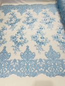 Baby Blue Bridal Lace - By The Yard - Floral Damask Design Embroidered on Mesh Lace Fabric