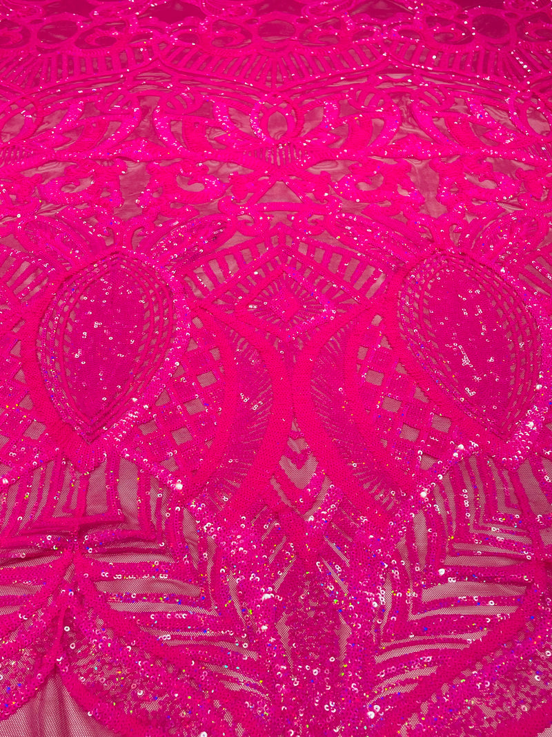 Hot Pink Sequin Fabric On a Mesh  4 Way Stretch Royalty Lace Sequin By Yard