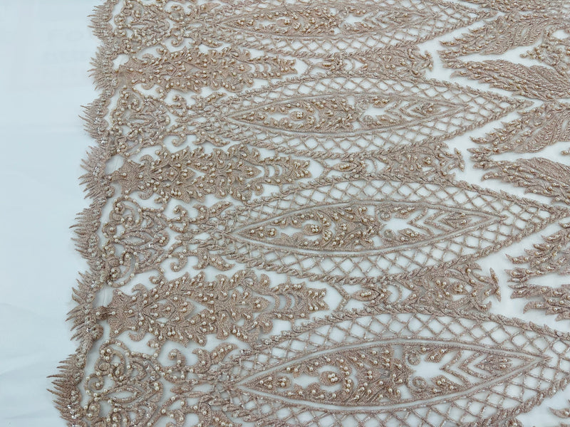Beaded Fabric, Blush Damask Design Embroidered with Beads Wedding Bridal Sold By Yard