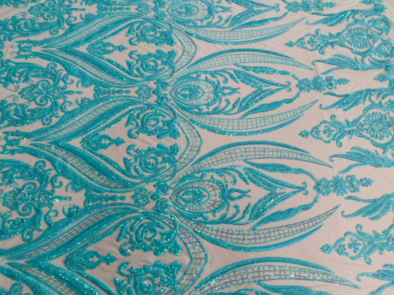 Mint Iridescent Sequins Fabric on a Mesh, Damask Design 4Way Stretch Sequin By The Yard