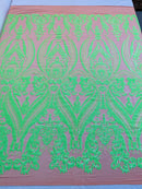 Neón Green Sequins Fabric on DK Nude Mesh, Damask Design 4Way Stretch Sequin By The Yard