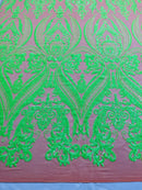 Neón Green Sequins Fabric on DK Nude Mesh, Damask Design 4Way Stretch Sequin By The Yard