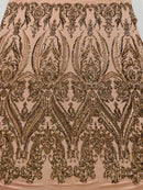 Coffee Sequins Fabric on Mesh, Damask Design 4 Way Stretch Sequin Fabric Sold By The Yard