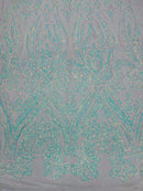 Iridescent Aqua/Blue Sequins Fabric Damask Design 4 Way Stretch Sequin Fabric Sold By The Yard