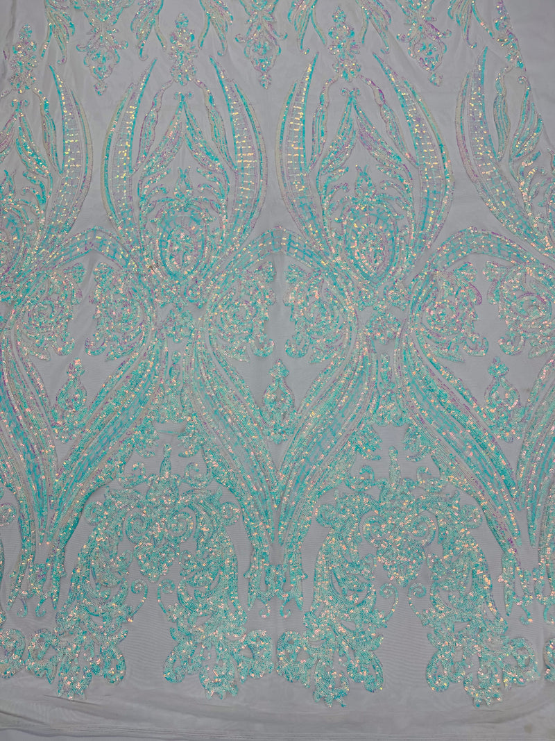 Iridescent Aqua/Blue Sequins Fabric Damask Design 4 Way Stretch Sequin Fabric Sold By The Yard