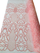 Fashion Design Bead Damask Fabric - Pink - Embroidered Elegant Design on Mesh Sold By The Yard
