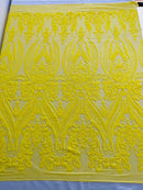 Yellow Sequins Fabric on Mesh, Damask Design 4 Way Stretch Sequin Fabric Sold By The Yard