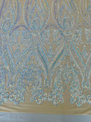Aqua Iridescent Sequins Fabric on Lt Nude Mesh, Damask Design 4Way Stretch Sequin By The Yard