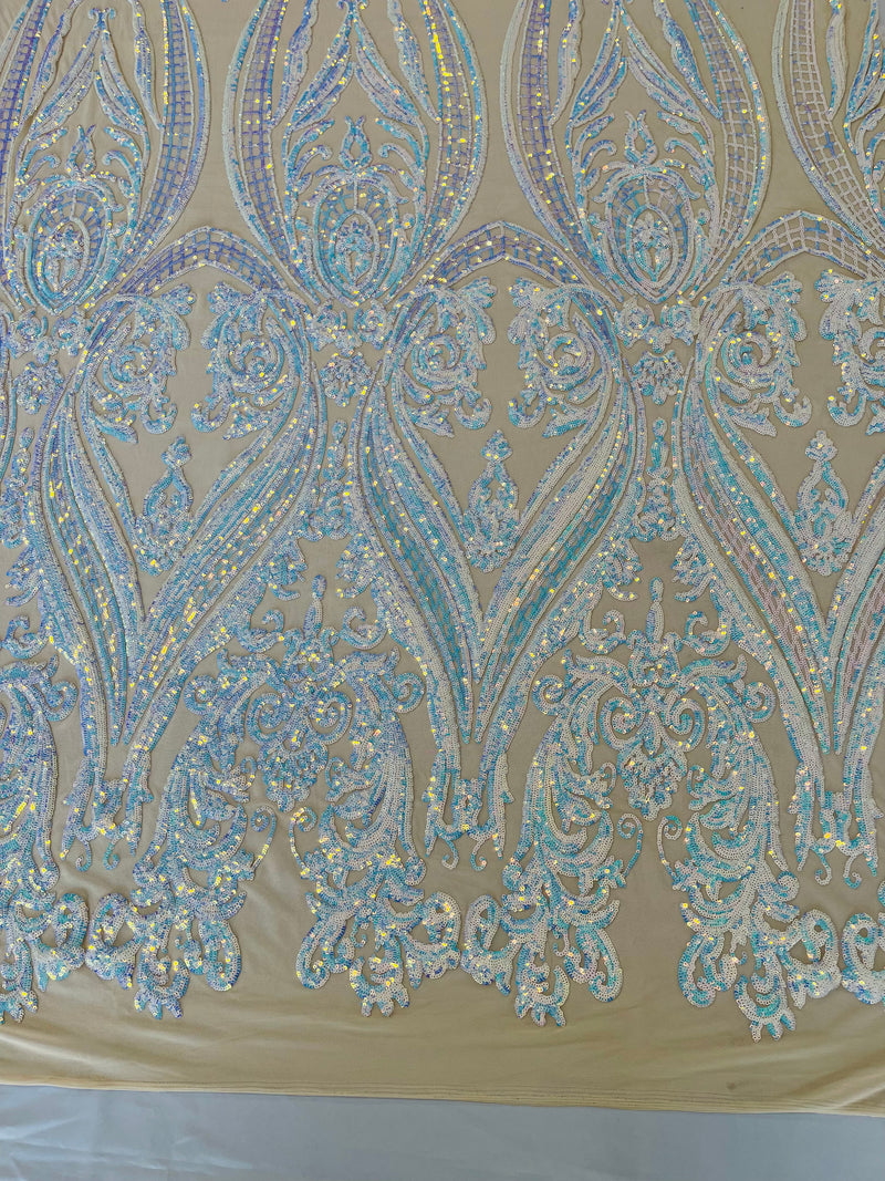 Aqua Iridescent Sequins Fabric on Lt Nude Mesh, Damask Design 4Way Stretch Sequin By The Yard