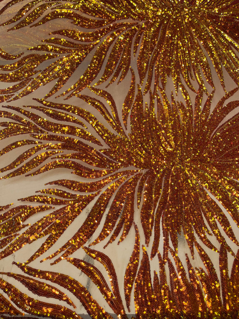 Feather Wings Sequins - Orange Iridescent on Nude - 4 Way Stretch Embroidered Wings Sequin By Yard