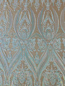 Aqua Iridescent Sequins Fabric on Nude Mesh, Damask Design 4Way Stretch Sequin By The Yard