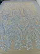 Aqua Iridescent Sequins Fabric on Lt Nude Mesh, Damask Design 4Way Stretch Sequin By The Yard