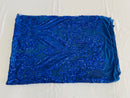 Royal Blue Sequins Fabric on Mesh, Damask Design 4 Way Stretch Sequin Fabric Sold By The Yard