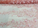 New Pink 3D Floral Design Embroider and Beaded With Pearls On a Mesh Lace-Prom-Dresses-Nightgown-Apparel-Fashion By The Yard