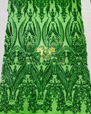 Emerald Green Sequin Fabric on a Mesh 4 Way Stretch Sequins Fabric Sold By The Yard