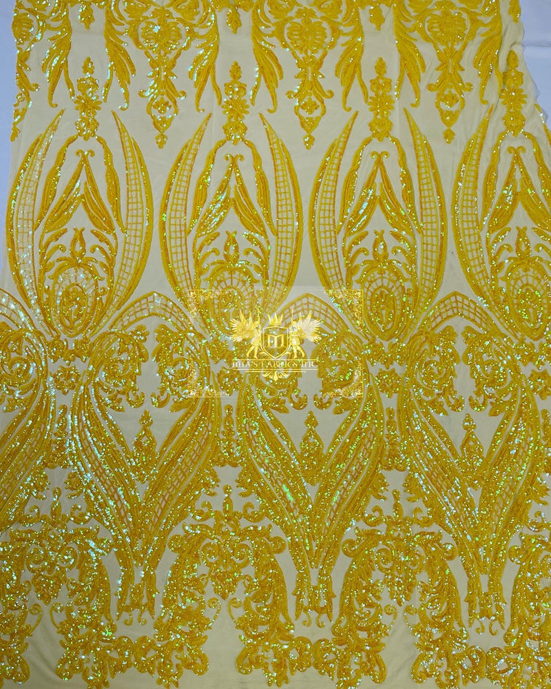 Yellow Iridescent Sequin Fabric on a Mesh 4 Way Stretch Sequins Fabric Sold By The Yard