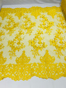 Yellow Bridal Lace - By The Yard - Floral Damask Design Embroidered on Mesh Lace Fabric