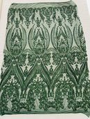 Hunter Green Sequins Fabric on Mesh, Damask Design 4 Way Stretch Sequin Fabric Sold By The Yard