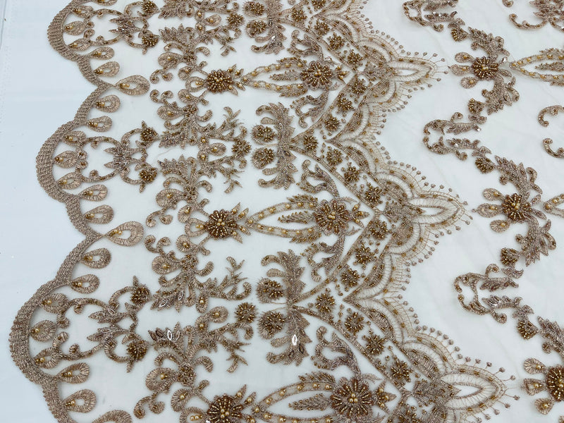 Taupe/Skin Damask Design Beaded Fabric, Embroidered with Beads Wedding Bridal Sold By Yard
