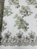 Silver 3D Floral Design Embroider and Beaded With Pearls On a Mesh Lace-Prom-Dresses By The Yard