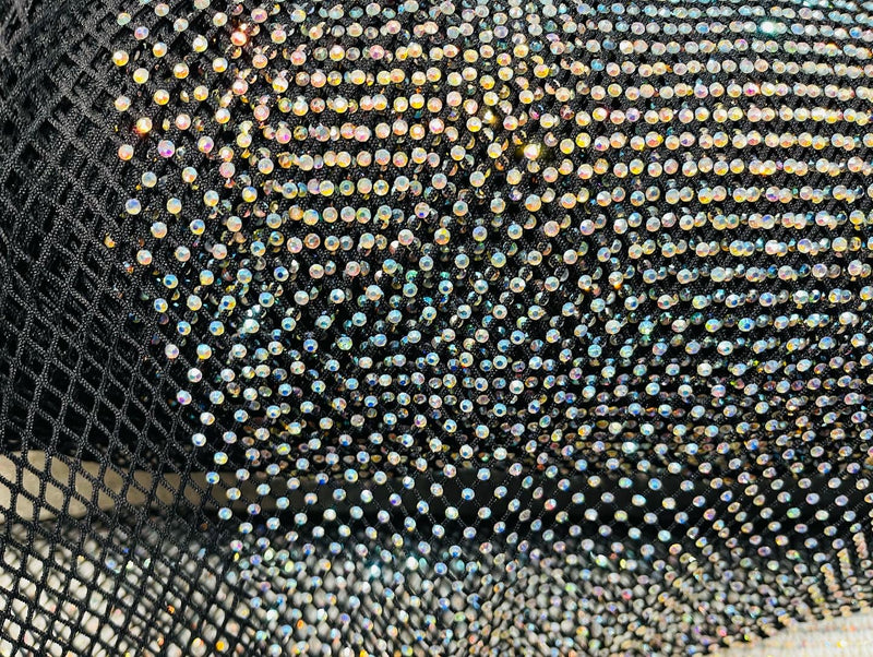 Fishnet Iridescent Rhinestones Fabric - Black - Spandex Fabric Fish Net with Crystal Stones by Yard
