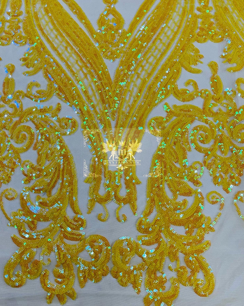 Yellow Iridescent Sequin Fabric on a Mesh 4 Way Stretch Sequins Fabric Sold By The Yard