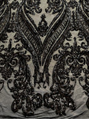Black Sequins Fabric on Mesh, Damask Design 4 Way Stretch Sequin Fabric Sold By The Yard