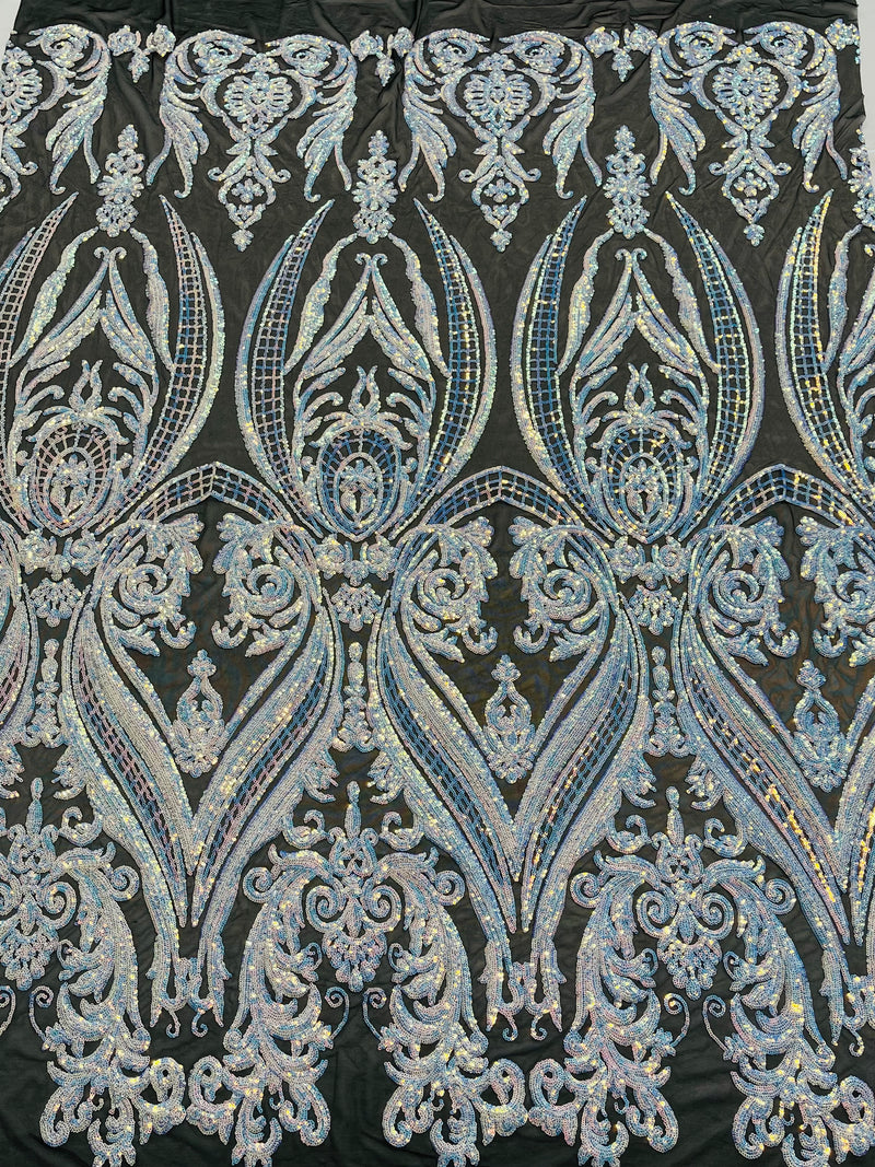Aqua Iridescent Sequins Fabric on Black Mesh, Damask Design 4Way Stretch Sequin By The Yard