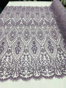 Beaded Fabric, Lt Lilac Damask Design Embroidered with Beads Wedding Bridal Sold By Yard