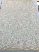 White Sequins Fabric on Lt Nude Mesh, Damask Design 4 Way Stretch Sequin Fabric Sold By The Yard