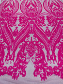 Hot Pink Sequins Fabric on Mesh, Damask Design 4 Way Stretch Sequin Fabric Sold By The Yard