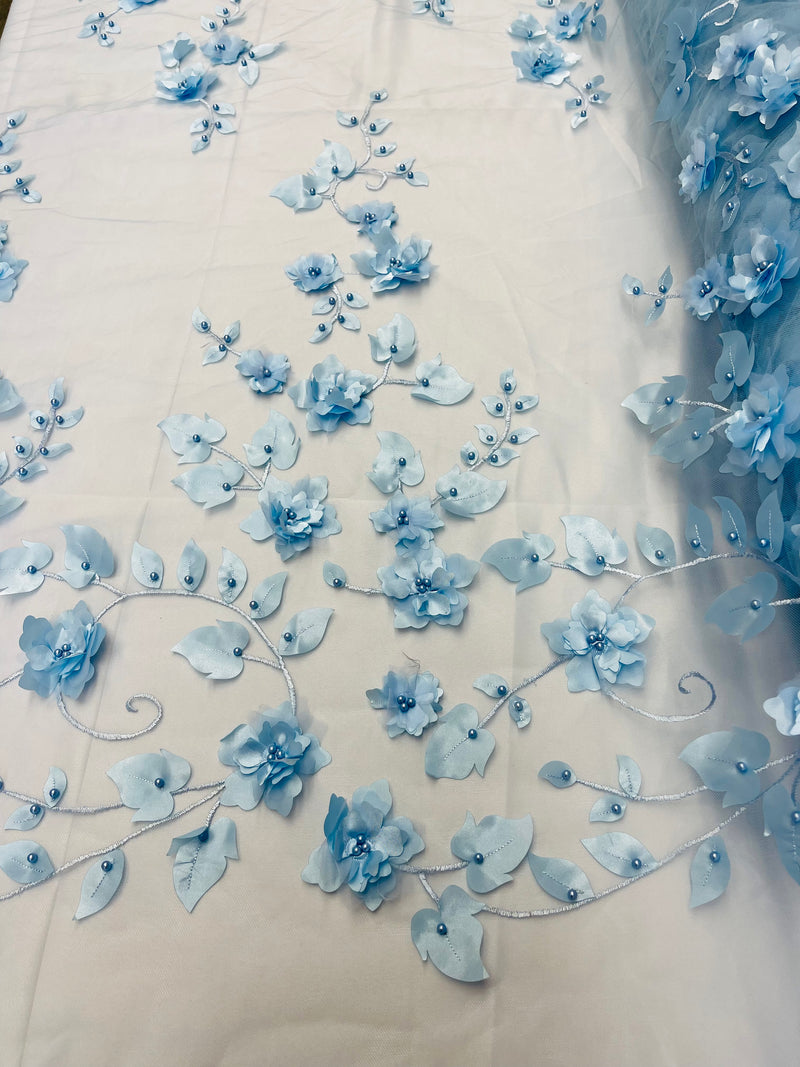 Baby Blue 3D Floral Design Embroider and Beaded With Pearls On a Mesh Lace Fabric By The Yard