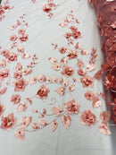Dusty Rose 3D Floral Design Embroider and Beaded With Pearls On a Mesh Lace Fabric By The Yard
