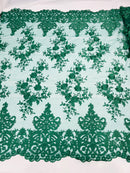 Hunter Green Bridal Lace - By The Yard - Floral Damask Design Embroidered on Mesh Lace Fabric