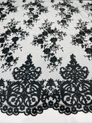 Black Bridal Lace - By The Yard - Floral Damask Design Embroidered on Mesh Lace Fabric