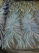 Feather Wings Sequins - Iridescent Blue on Black - 4 Way Stretch Embroidered Wings Sequin By Yard