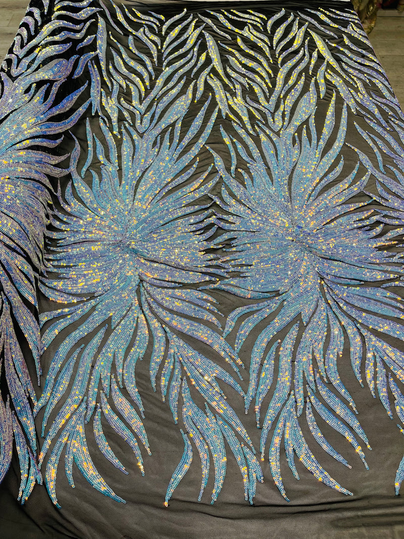 Feather Wings Sequins - Iridescent Blue on Black - 4 Way Stretch Embroidered Wings Sequin By Yard