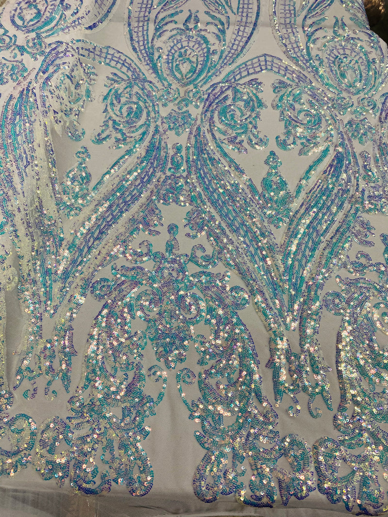 Iridescent Sequins Fabric on Mesh - by the yard - Damask Design 4 Way Stretch Sequin Fabric