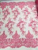 Pink Bridal Lace - By The Yard - Floral Damask Design Embroidered on Mesh Lace Fabric