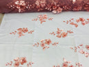 Dusty Rose 3D Floral Design Embroider and Beaded With Pearls On a Mesh Lace Fabric By The Yard