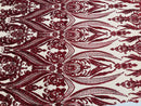 Burgundy Sequins Fabric on Nude Mesh, Damask Design 4 Way Stretch Sequin Fabric Sold By The Yard