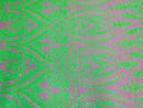 12 Yards Neón Green Sequins Fabric on DK Nude Mesh, Damask Design 4Way Stretch Sequin