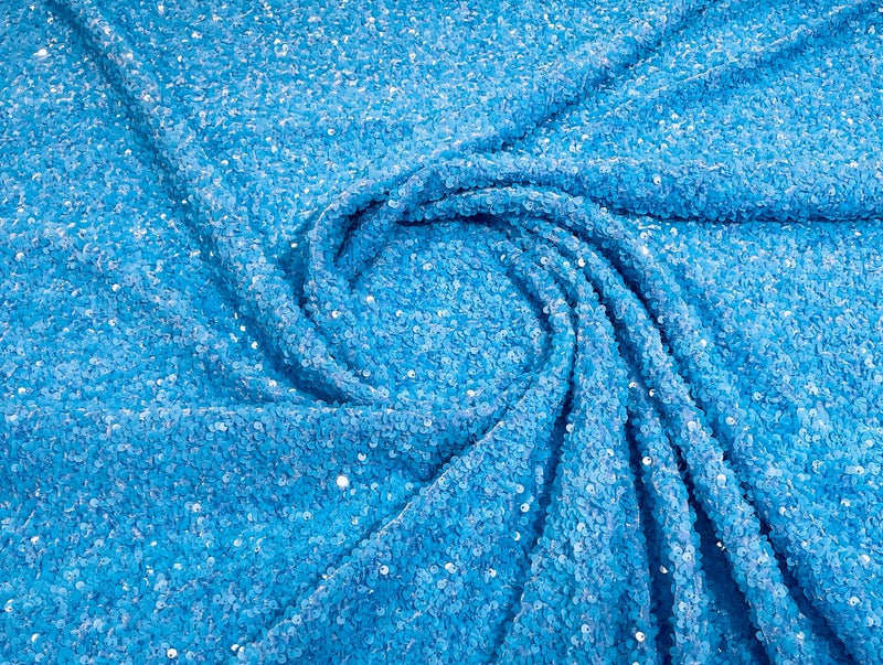 Aqua Blue Sequins Fabric on Stretch Velvet - By The Yard - all Over 5mm Sequins 58”/60