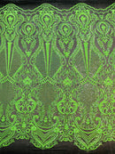 Neón Green Sequin Fabric on Black Mesh By The Yard Damask Design 4 Way Stretch Lace Sequin
