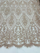 Beaded Fabric, Blush Damask Design Embroidered with Beads Wedding Bridal Sold By Yard