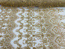 Gold Damask Design Beaded Fabric, Embroidered with Beads Wedding Bridal Sold By Yard