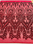 Burgundy Sequins Fabric on Mesh, Damask Design 4 Way Stretch Sequin Fabric Sold By The Yard