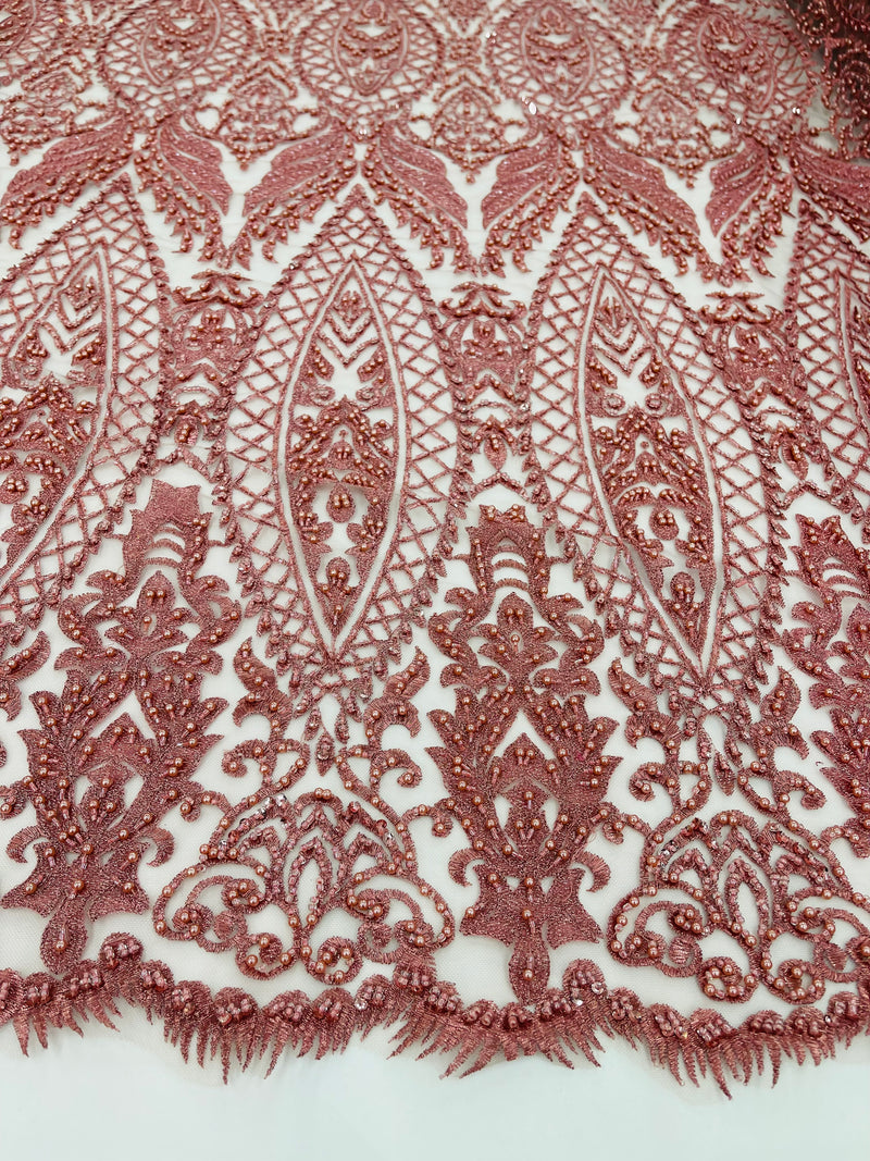 Beaded Fabric, Dusty Rose Damask Design Embroidered with Beads Wedding Bridal Sold By Yard